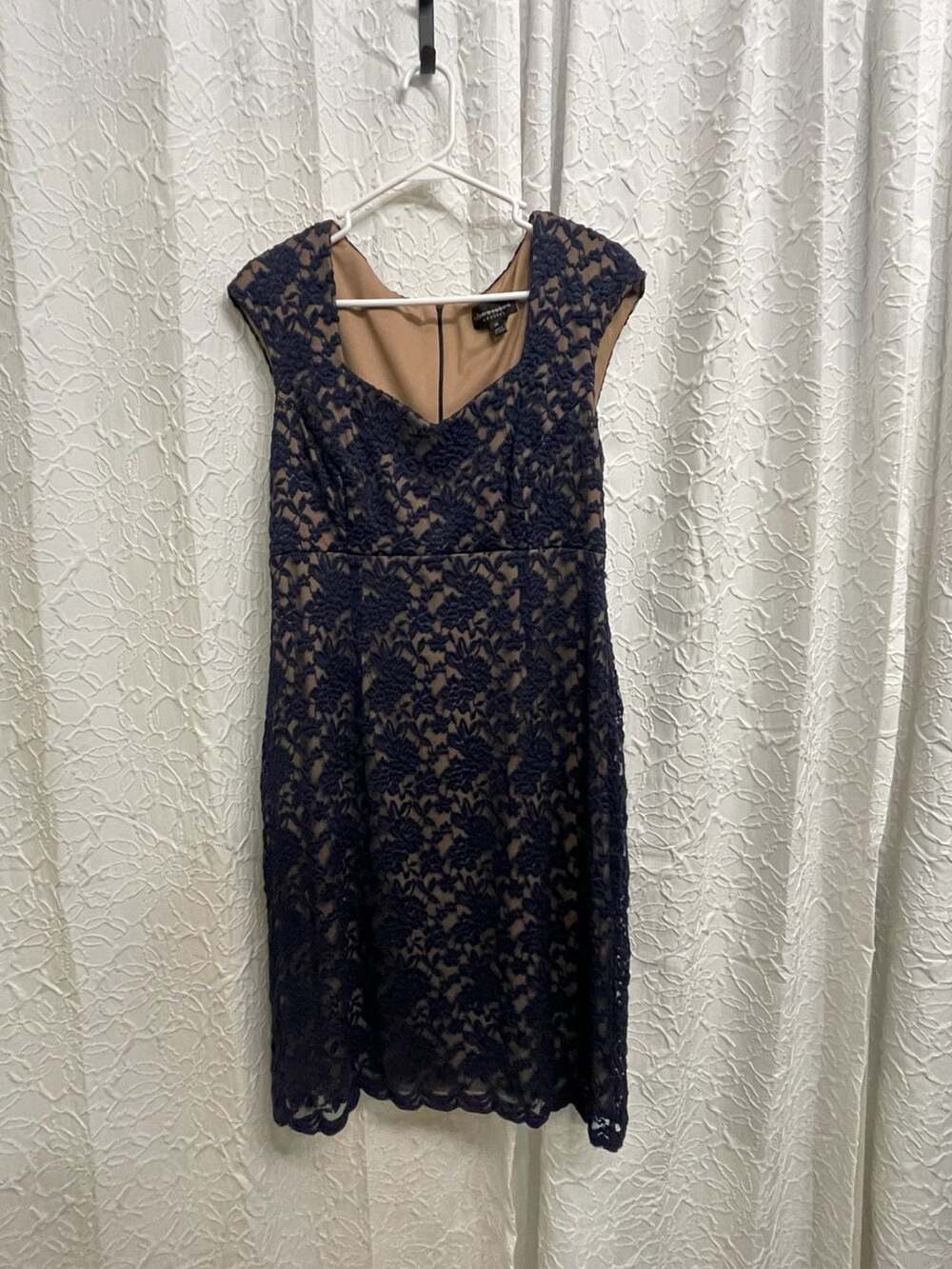 Connected Apparel Navy Lace Dress Size 14 Sheath Cap Sleeve Nude Lining